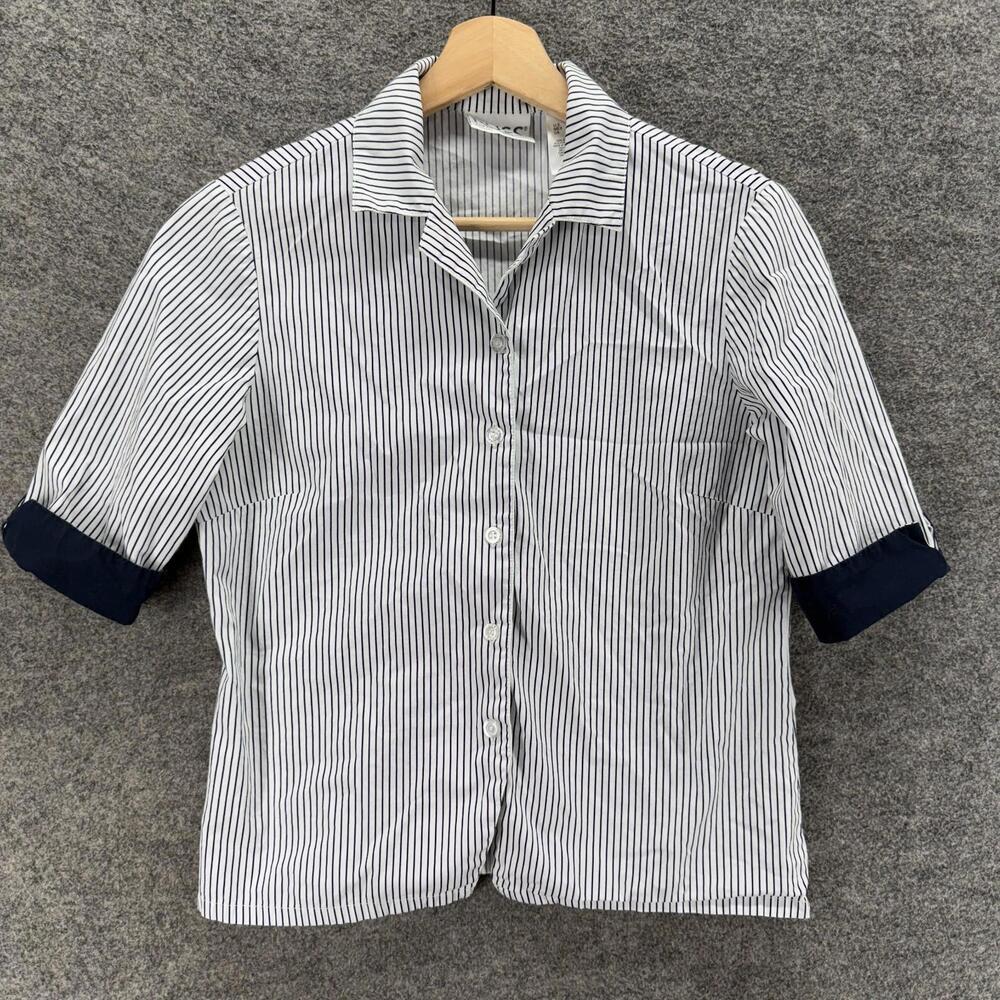 Russ Shirt Women S Small White Striped Button Up Collared Short Sleeve Cotton